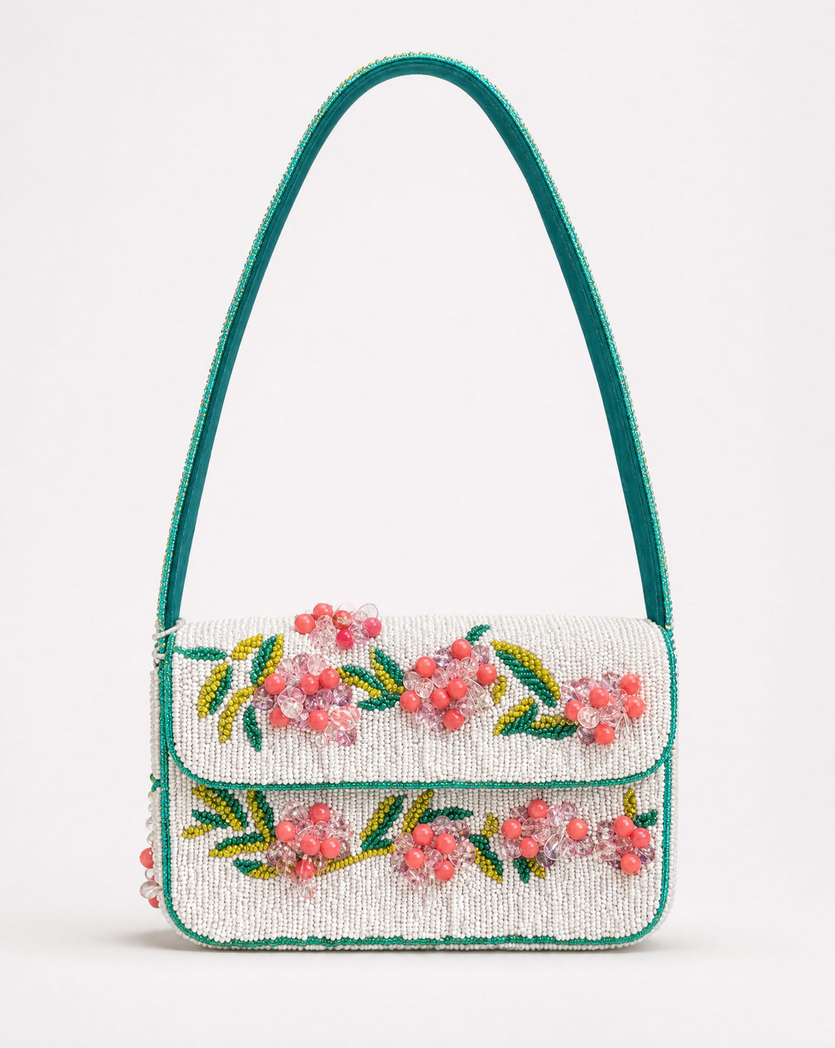 Lucca – White Droplet Floral Beaded Shoulder Bag | Small