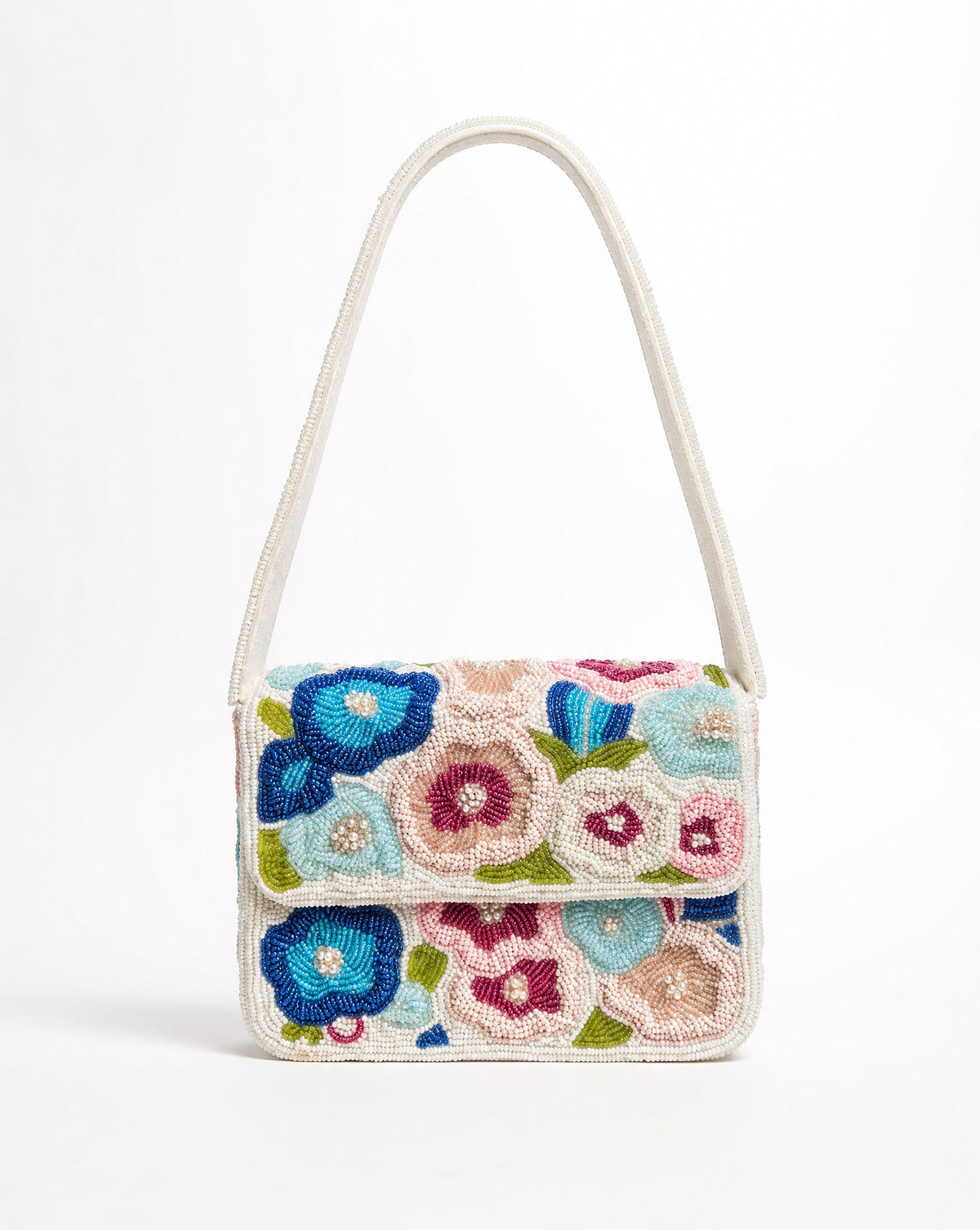 Rio - Pink and Blue Flowers Beaded Shoulder Bag | Small