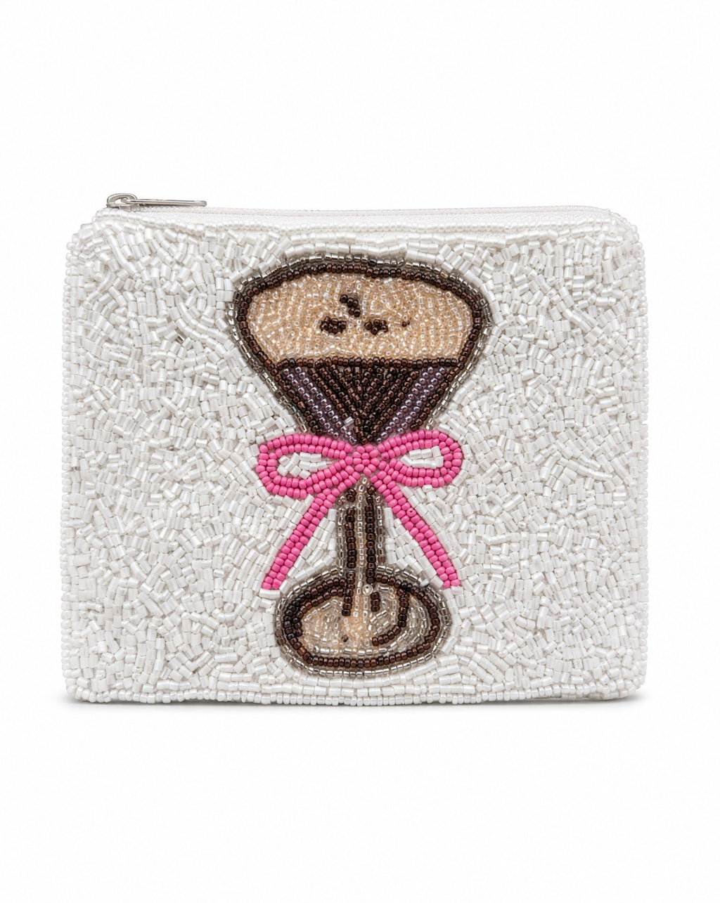 Ivory woven coin purse with silver zip pull, back view