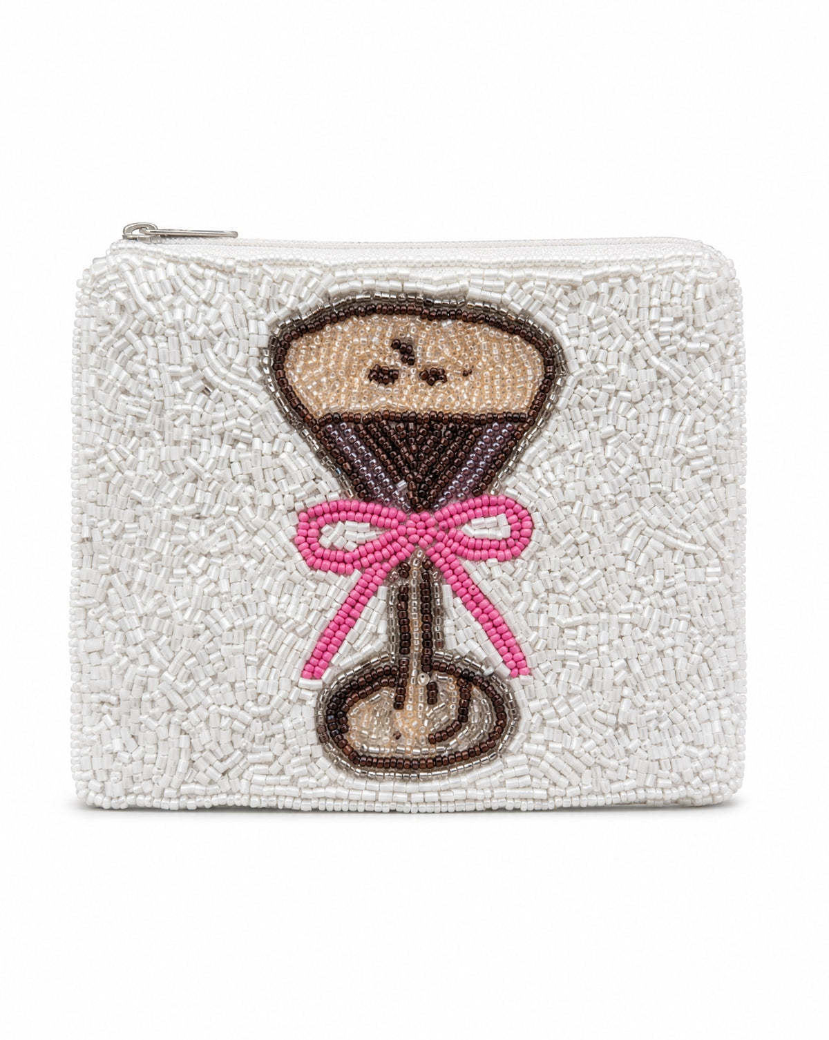 Ivory woven coin purse with silver zip pull, back view
