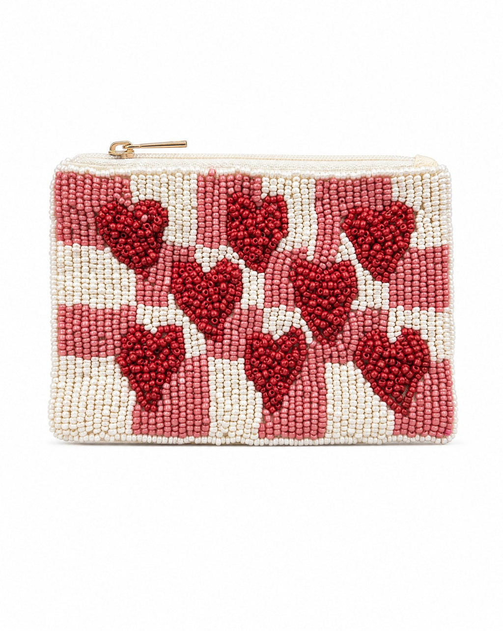 Heart checker beaded coin purse - red and cream colourway, front view