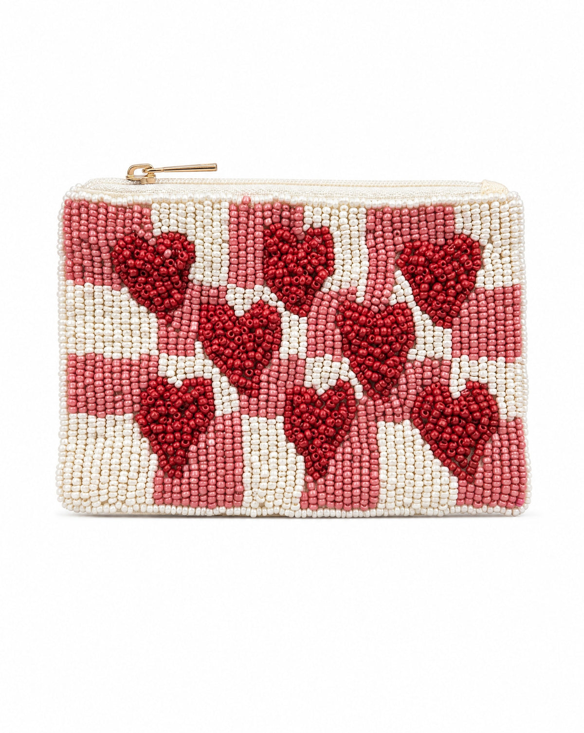 Heart checker beaded coin purse - red and cream colourway, front view