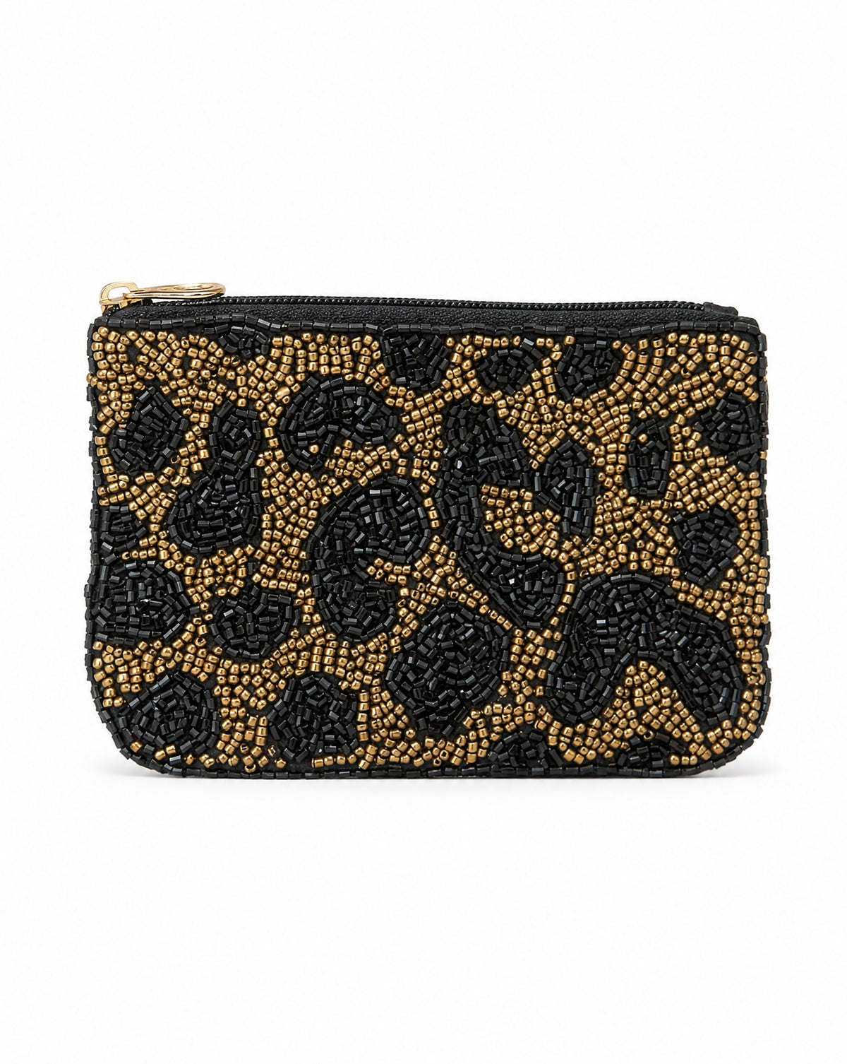 Leopard print beaded coin purse - front view showing black and gold beaded leopard pattern with gold zip
