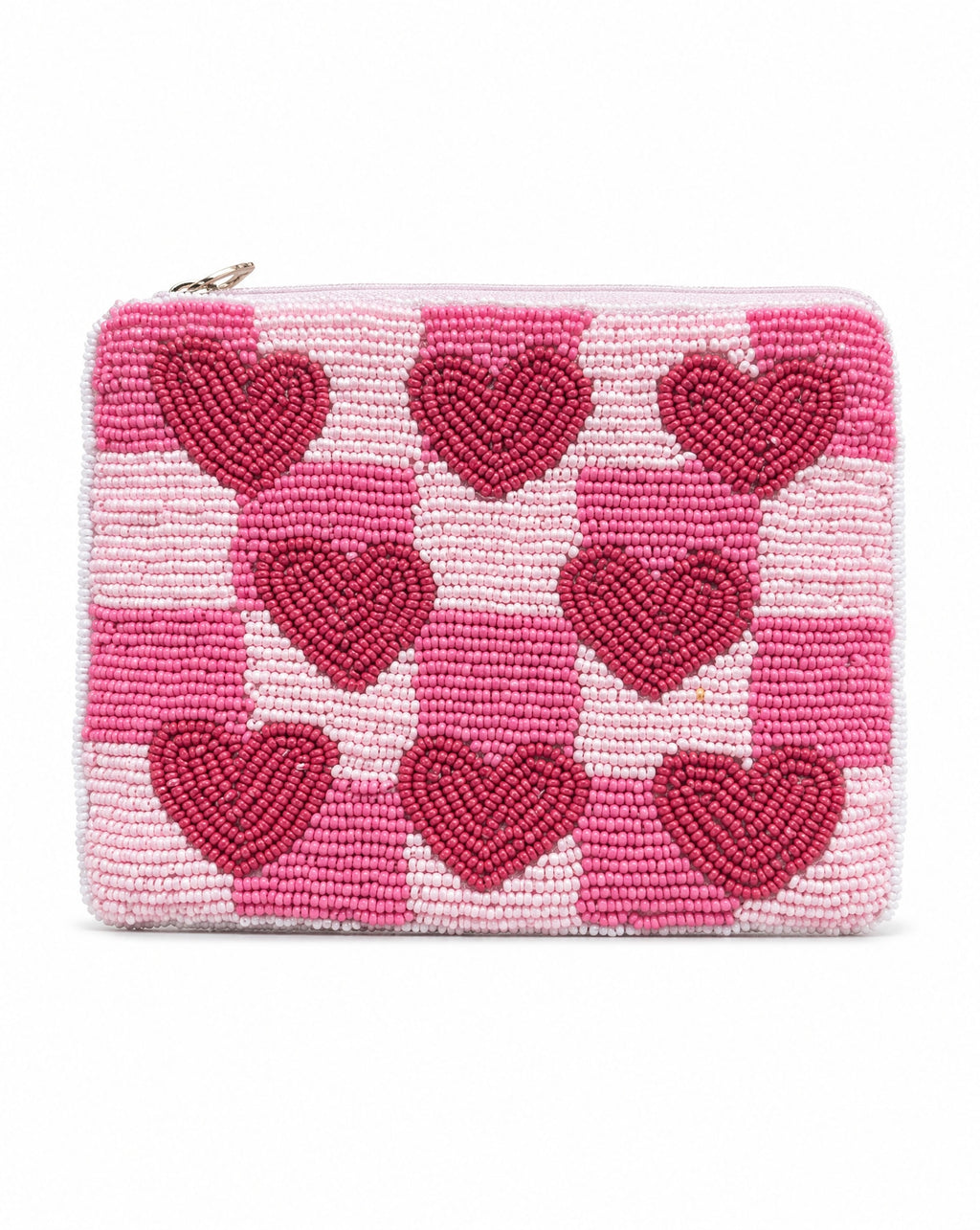 Heart checker beaded coin purse - pink checker colourway, front view