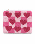 Heart checker beaded coin purse - pink checker colourway, front view