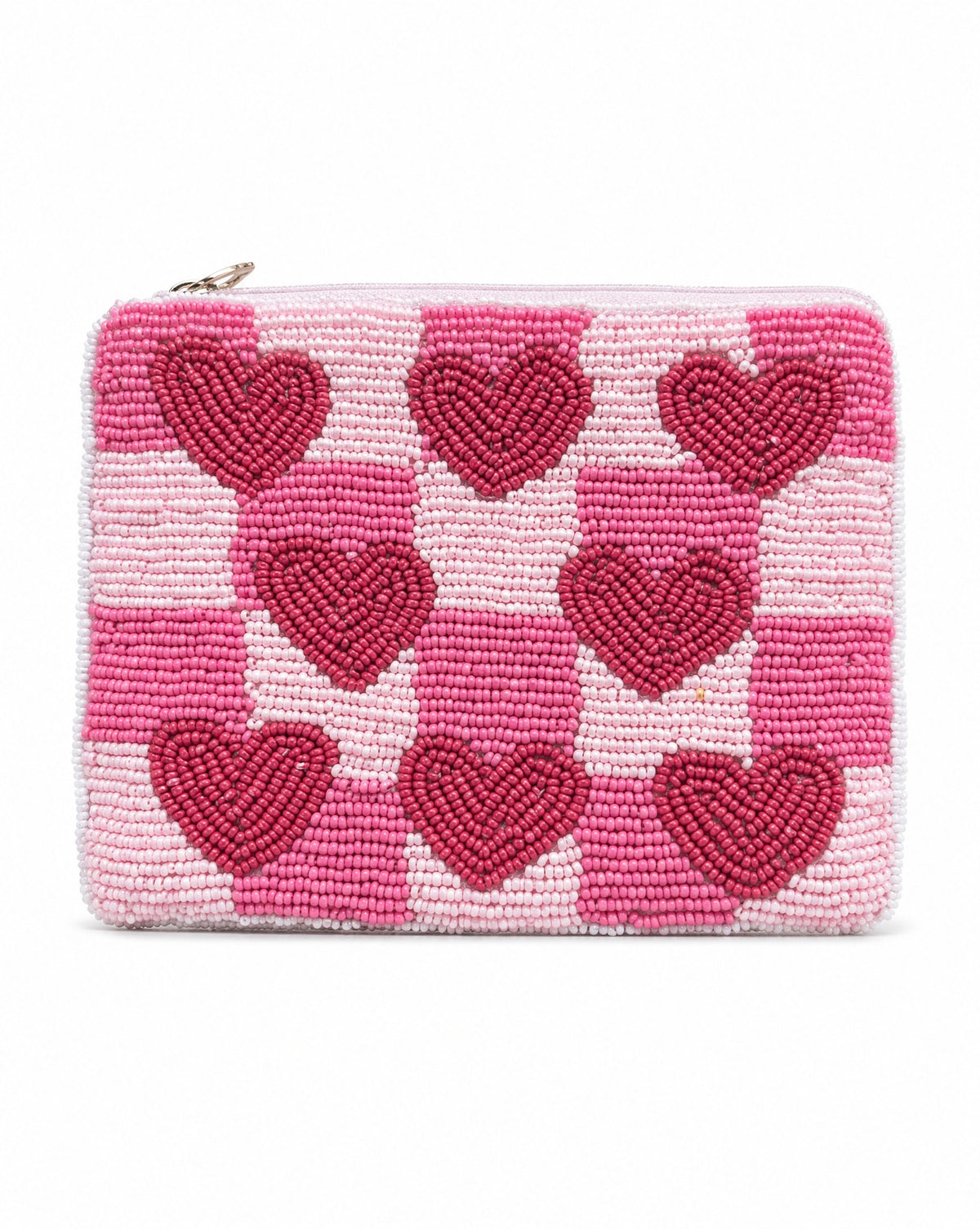 Heart checker beaded coin purse - pink checker colourway, front view
