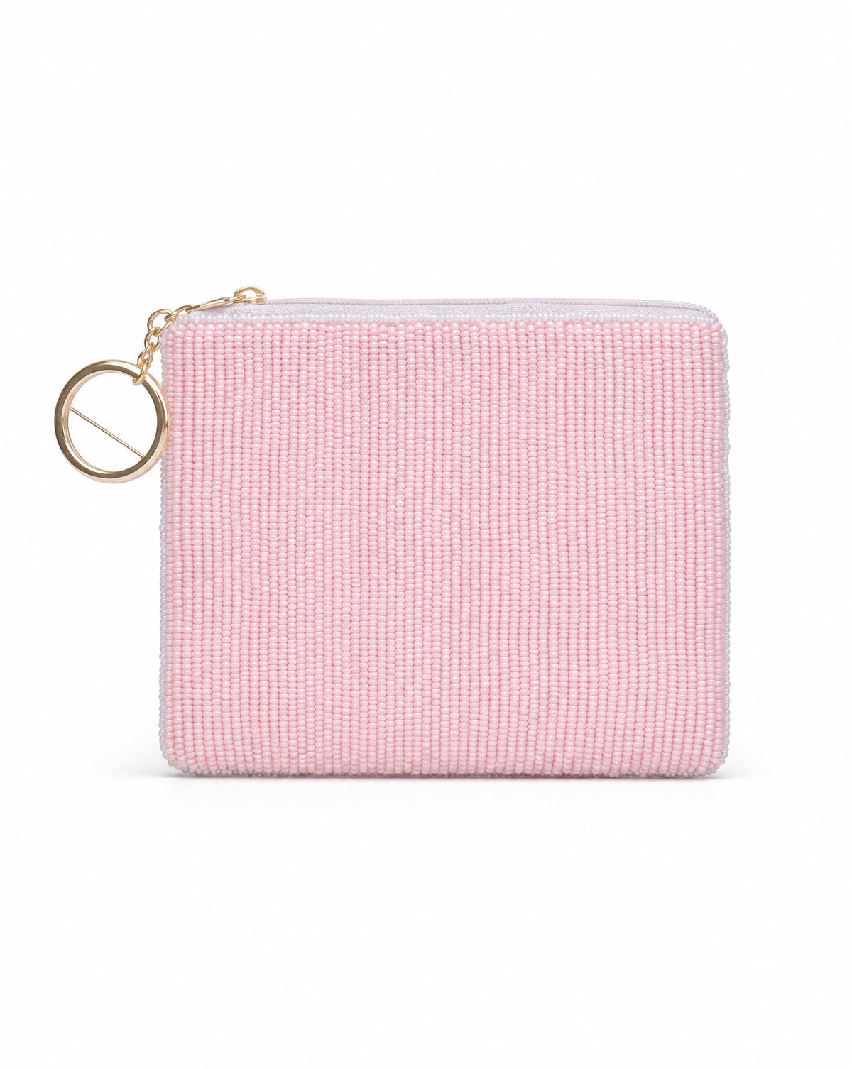 Plain blush pink beaded coin purse with gold keyring - back view