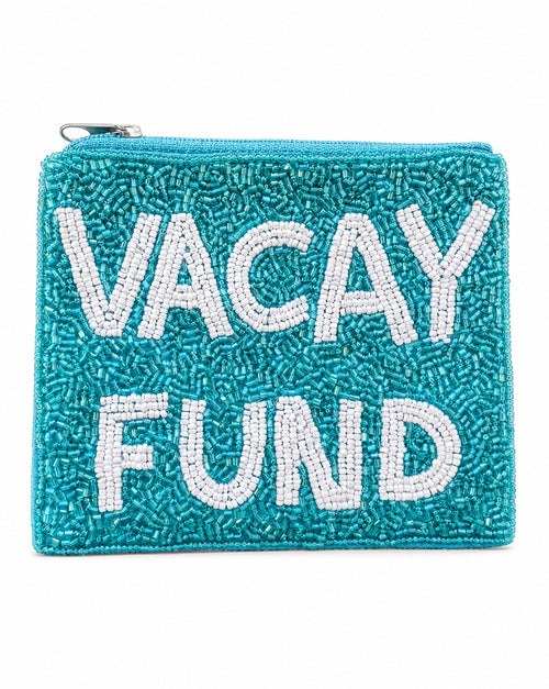 Vacay Fund beaded coin purse - front view showing turquoise and white beaded lettering