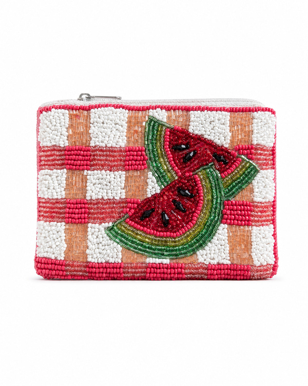 Watermelon gingham beaded coin purse - front view showing pink gingham pattern with watermelon slice motif