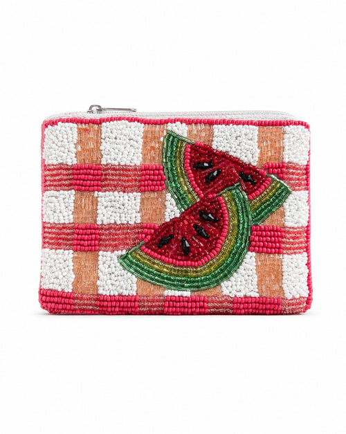 Watermelon gingham beaded coin purse - front view showing pink gingham pattern with watermelon slice motif