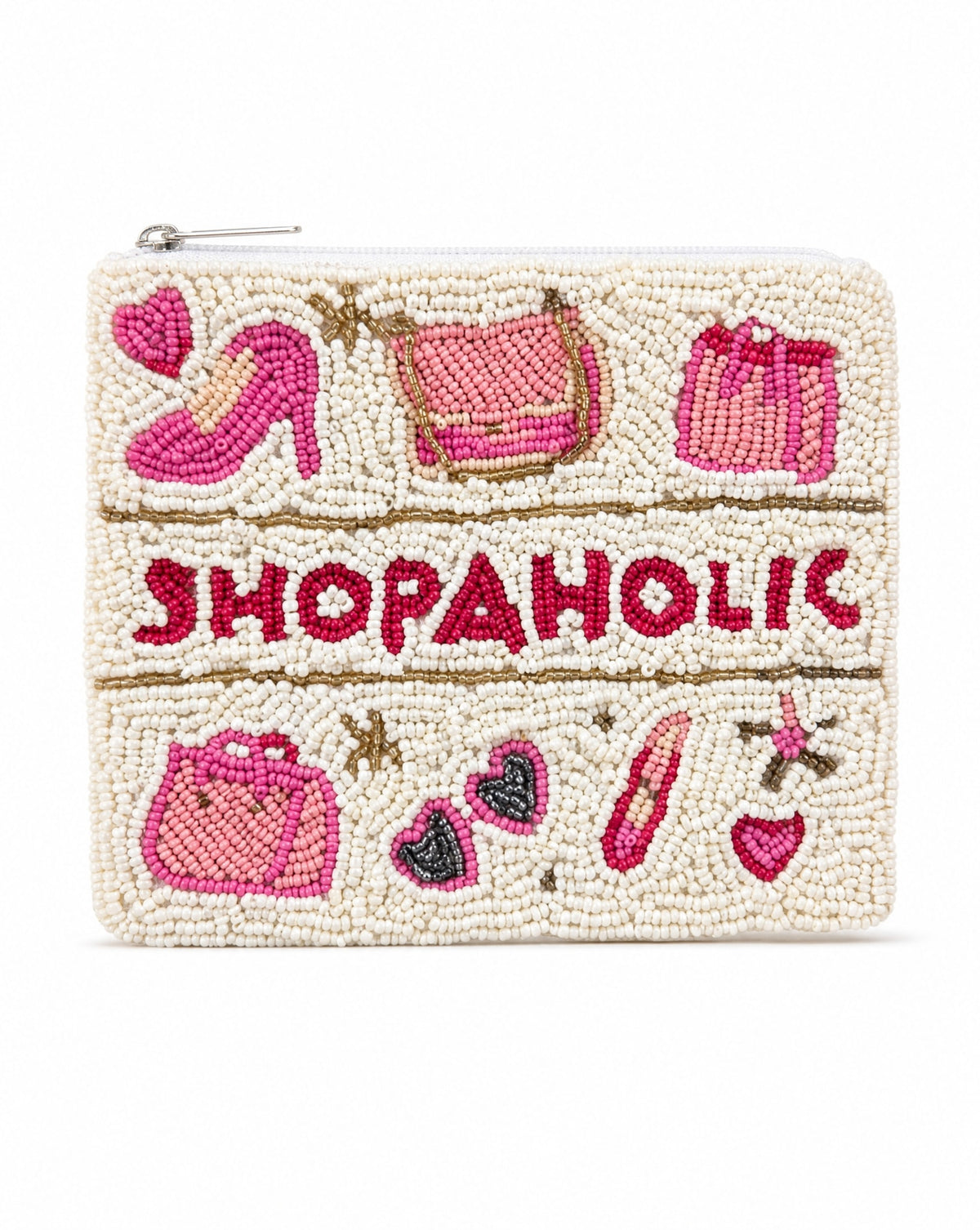 Shopaholic beaded coin purse - front view showing ivory and pink beaded design with fashion motifs