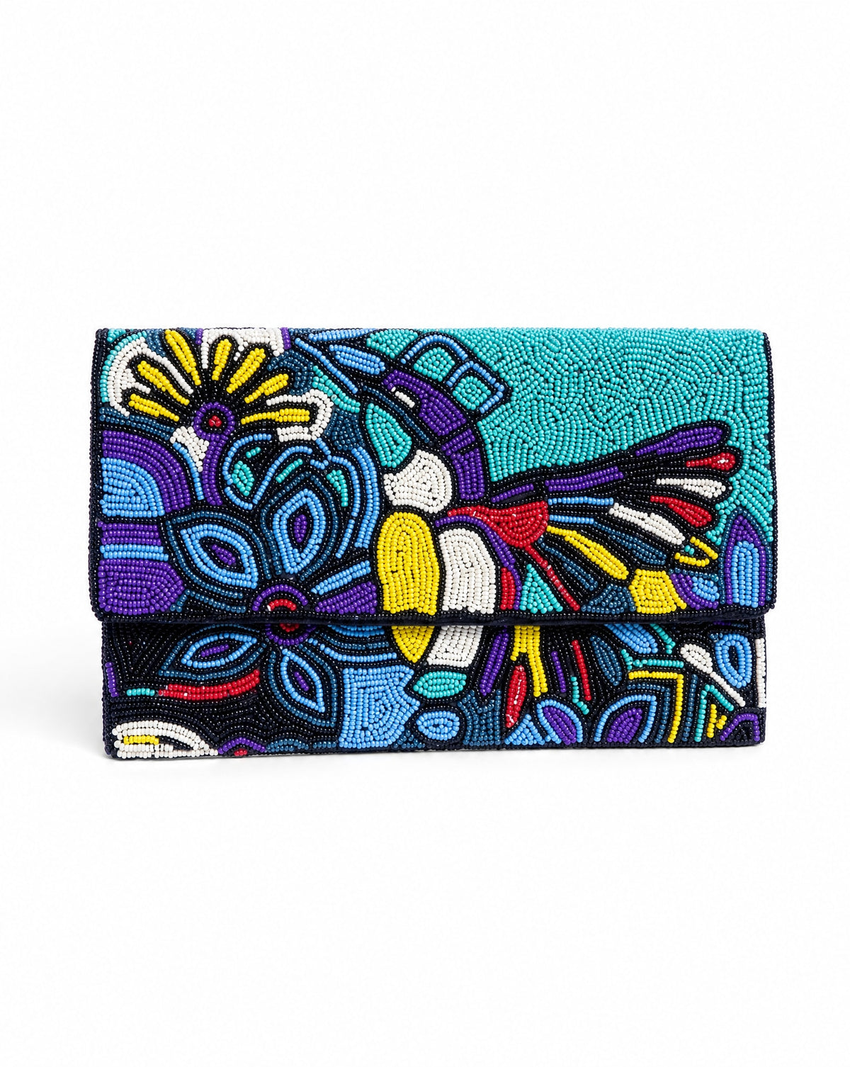 Hummingbird beaded envelope bag - front view showing teal and multicolour hummingbird pattern