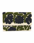 Botanica ivory beaded envelope bag - front view showing black floral and olive leaf pattern