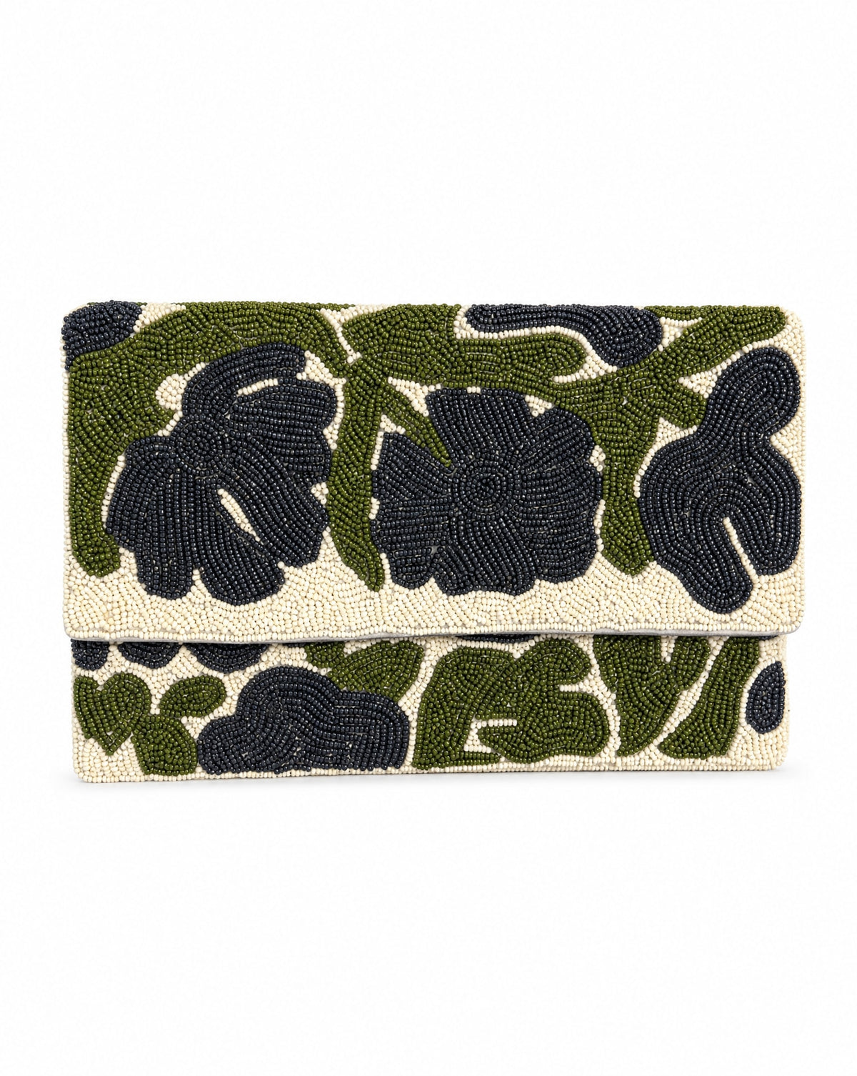 Botanica ivory beaded envelope bag - front view showing black floral and olive leaf pattern