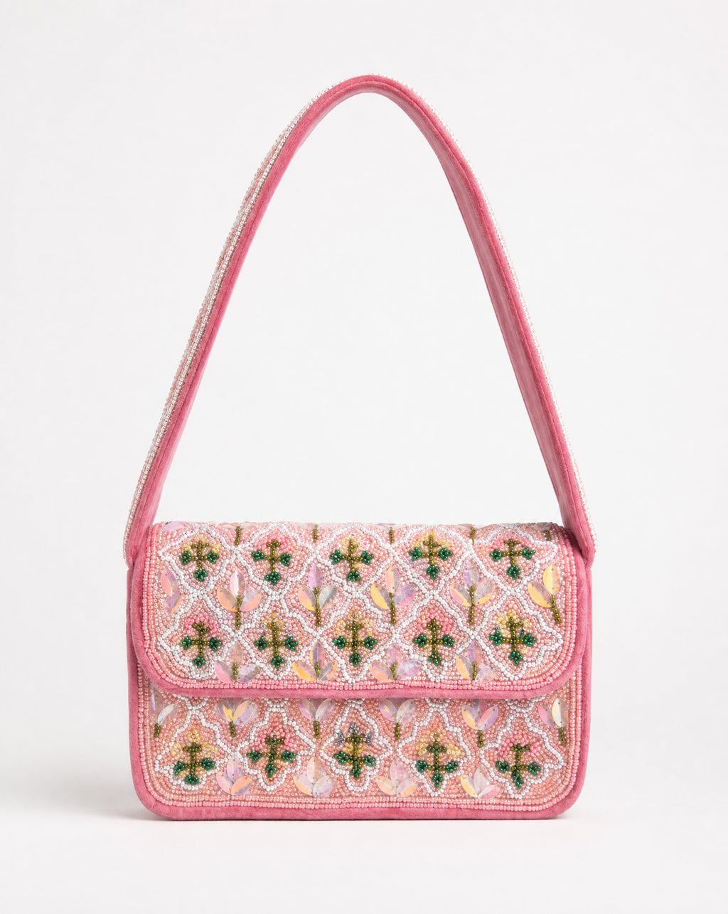 Kildare pink lattice floral beaded shoulder bag - front view showing intricate blush pink beadwork with striped beaded strap