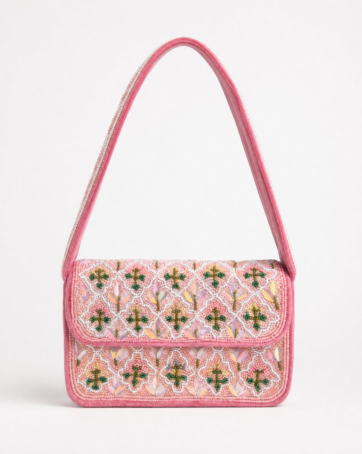Kildare pink lattice floral beaded shoulder bag - front view showing intricate blush pink beadwork with striped beaded strap