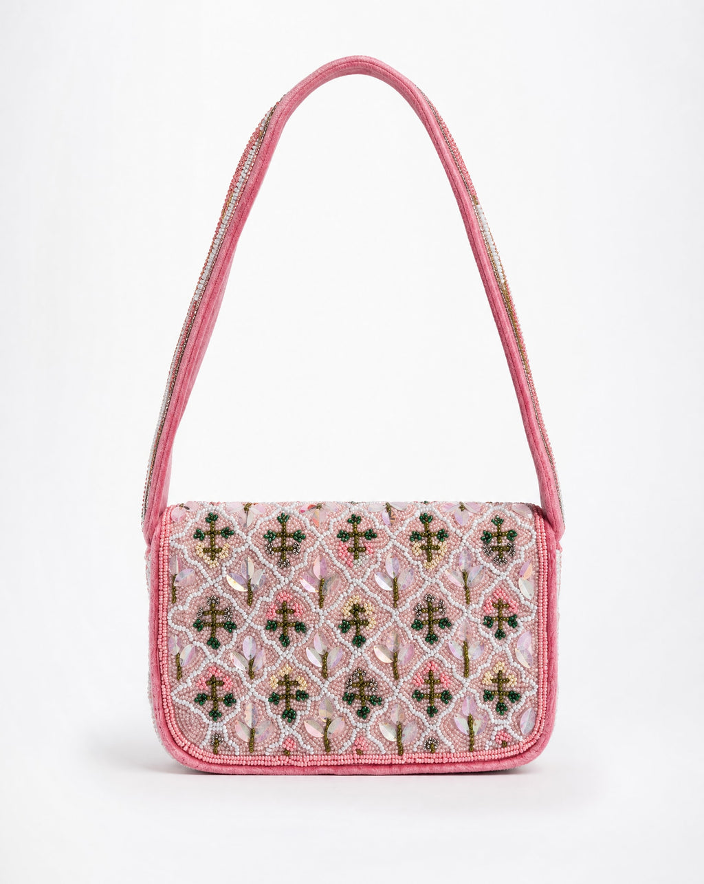 Kildare - Pink Lattice Floral Beaded Shoulder Bag | Small
