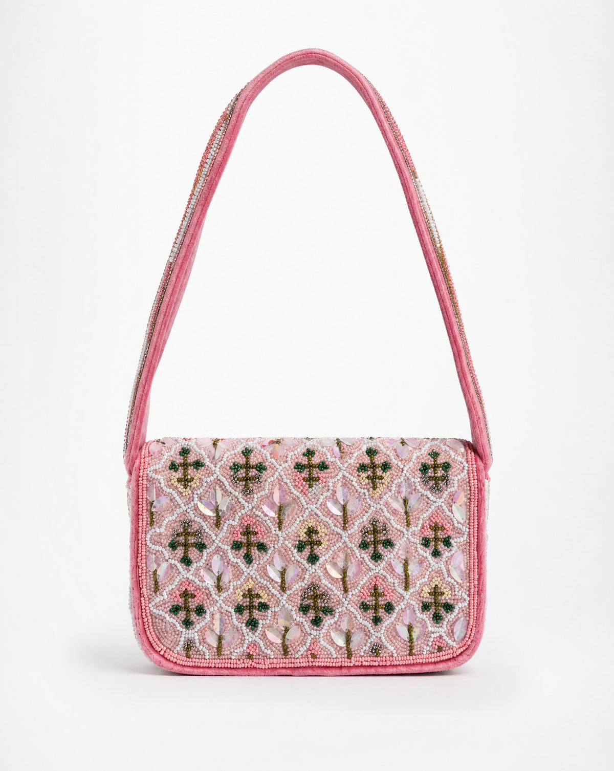 Kildare - Pink Lattice Floral Beaded Shoulder Bag | Small