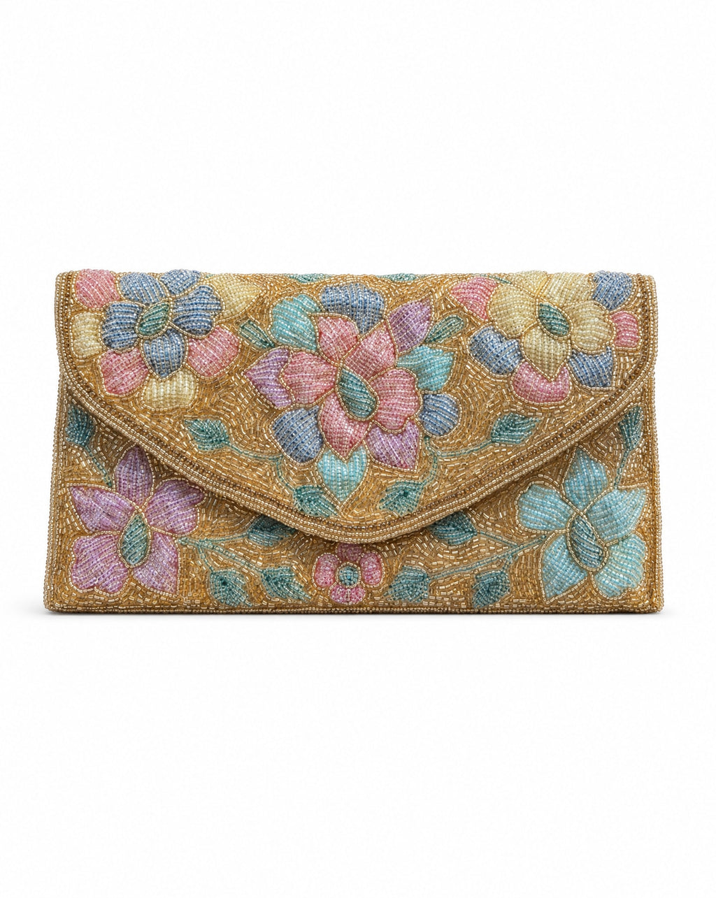 Awann gold pastel floral beaded envelope bag – front view