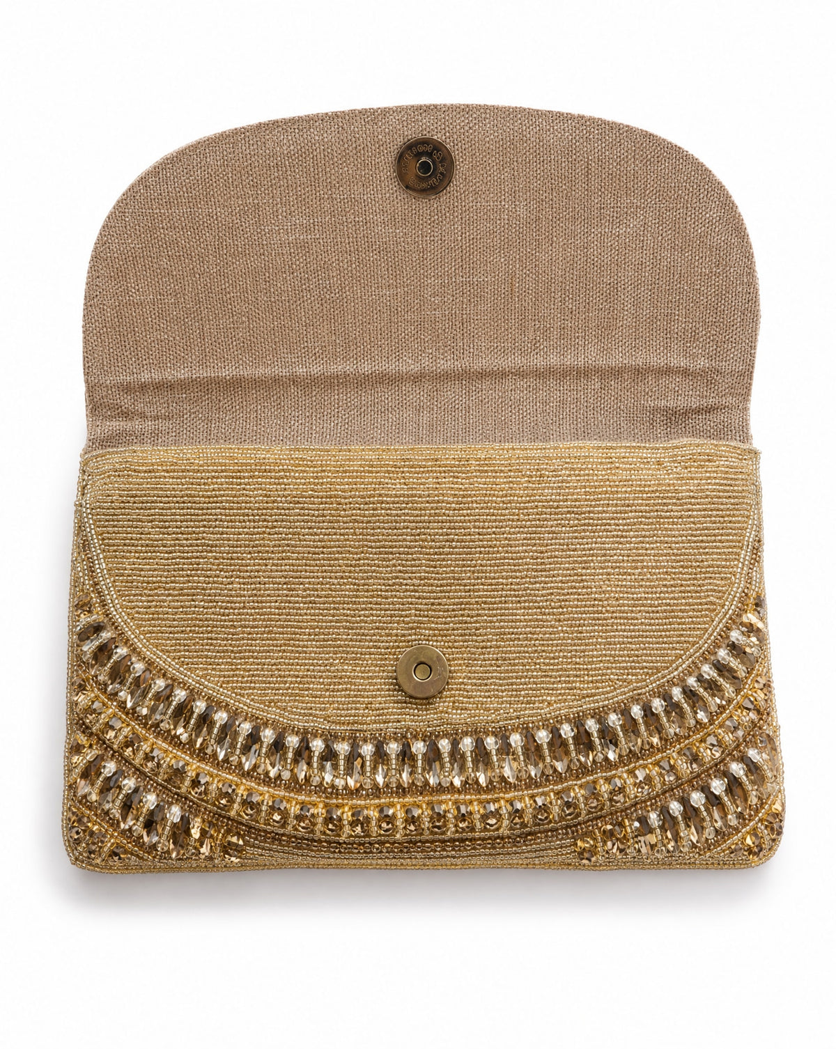 Cairo gold crystal beaded envelope clutch – interior view showing linen lining and magnetic snap