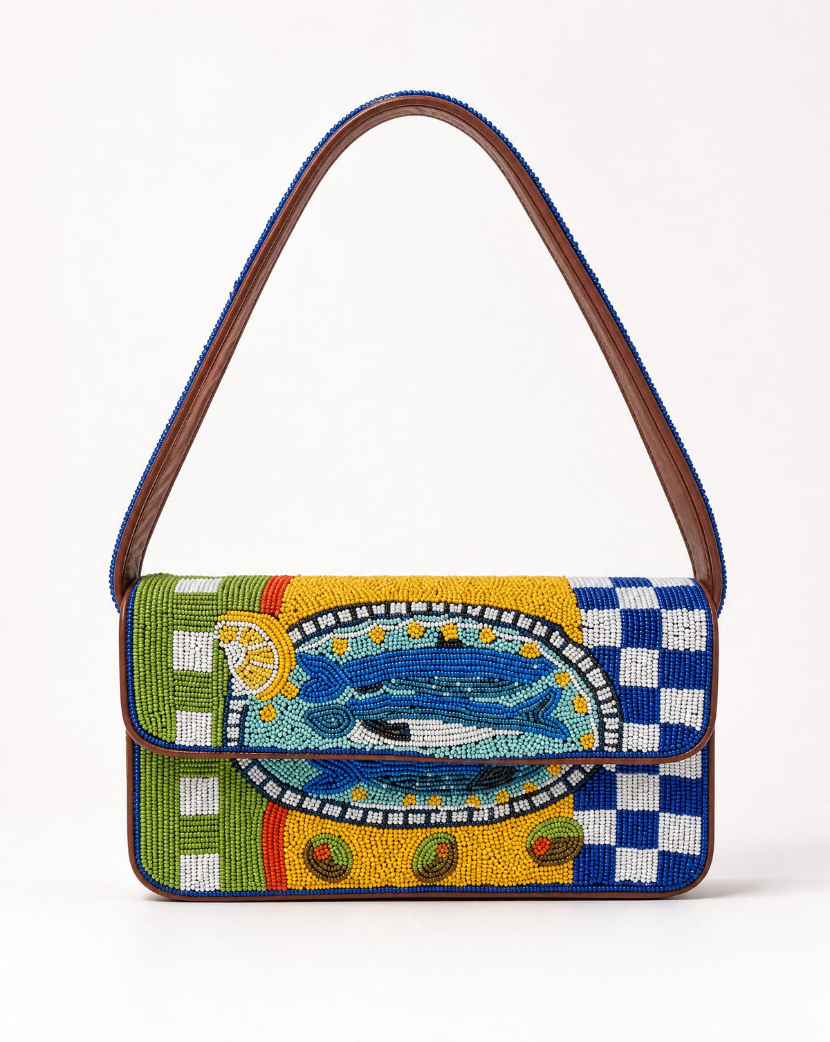 Portofino blue beaded shoulder bag – front view