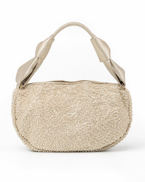 Pearl and mauve floral beaded baguette bag – back view