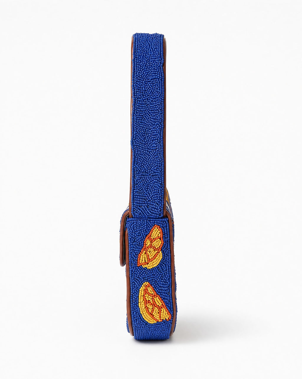 Portofino blue beaded shoulder bag – side view with butterfly motifs