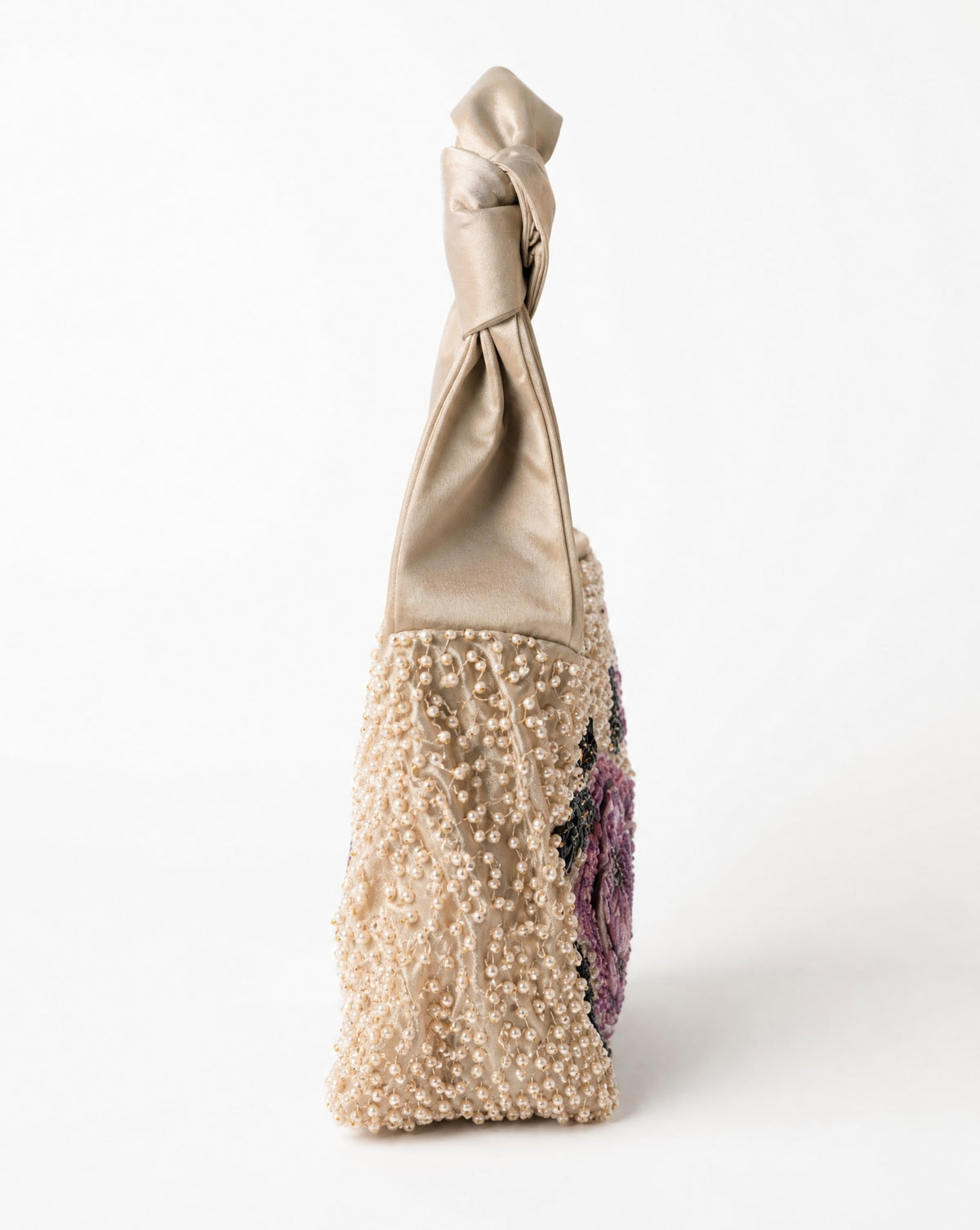 Pearl and mauve floral beaded baguette bag – side view