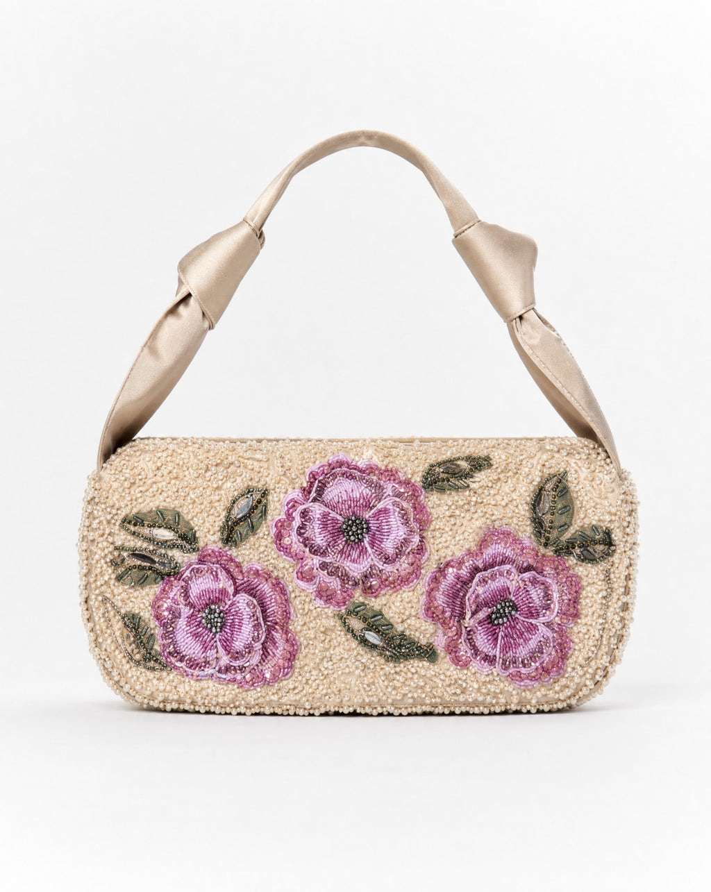 Pearl and mauve floral beaded baguette bag – front view